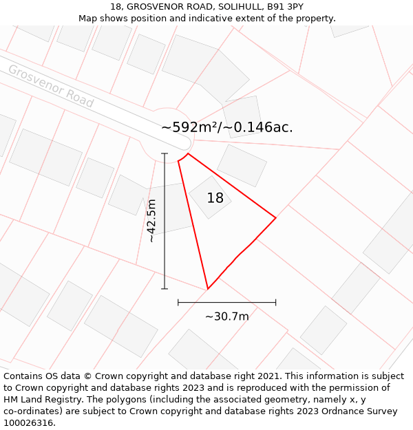 18, GROSVENOR ROAD, SOLIHULL, B91 3PY: Plot and title map