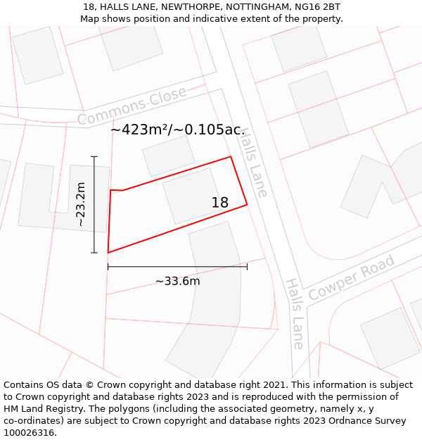 18, HALLS LANE, NEWTHORPE, NOTTINGHAM, NG16 2BT: Plot and title map