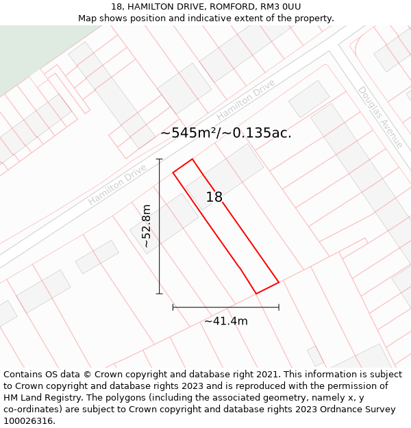 18, HAMILTON DRIVE, ROMFORD, RM3 0UU: Plot and title map