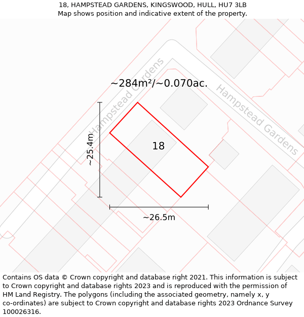 18, HAMPSTEAD GARDENS, KINGSWOOD, HULL, HU7 3LB: Plot and title map