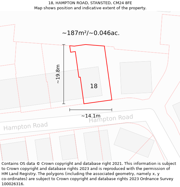 18, HAMPTON ROAD, STANSTED, CM24 8FE: Plot and title map