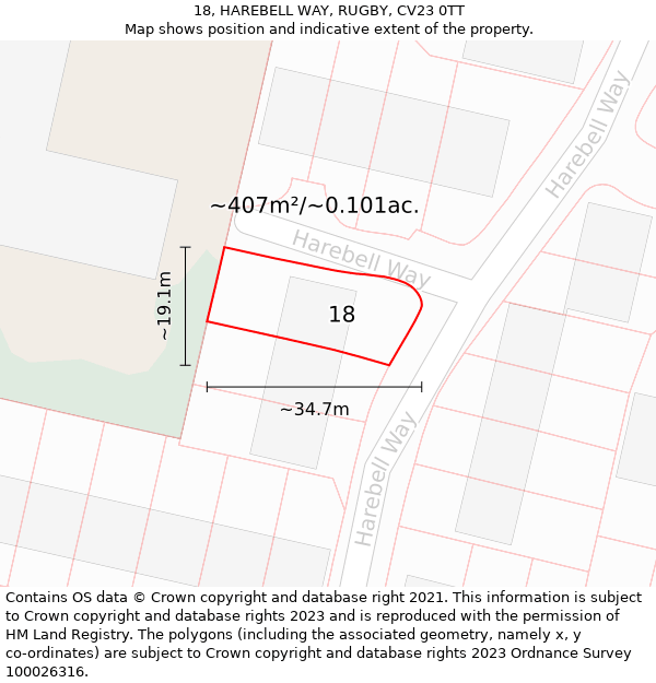 18, HAREBELL WAY, RUGBY, CV23 0TT: Plot and title map