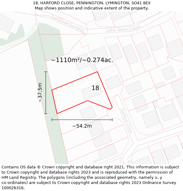 18, HARFORD CLOSE, PENNINGTON, LYMINGTON, SO41 8EX: Plot and title map