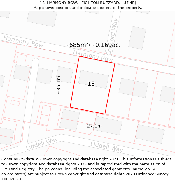 18, HARMONY ROW, LEIGHTON BUZZARD, LU7 4RJ: Plot and title map