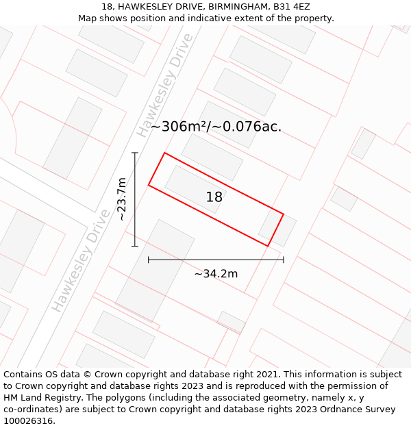 18, HAWKESLEY DRIVE, BIRMINGHAM, B31 4EZ: Plot and title map