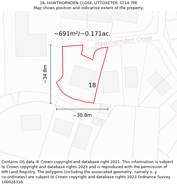 18, HAWTHORNDEN CLOSE, UTTOXETER, ST14 7PE: Plot and title map