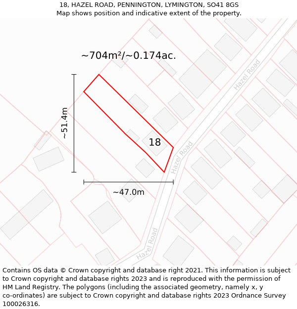 18, HAZEL ROAD, PENNINGTON, LYMINGTON, SO41 8GS: Plot and title map