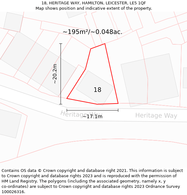 18, HERITAGE WAY, HAMILTON, LEICESTER, LE5 1QF: Plot and title map