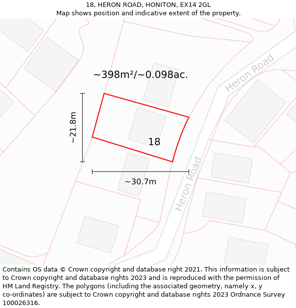 18, HERON ROAD, HONITON, EX14 2GL: Plot and title map