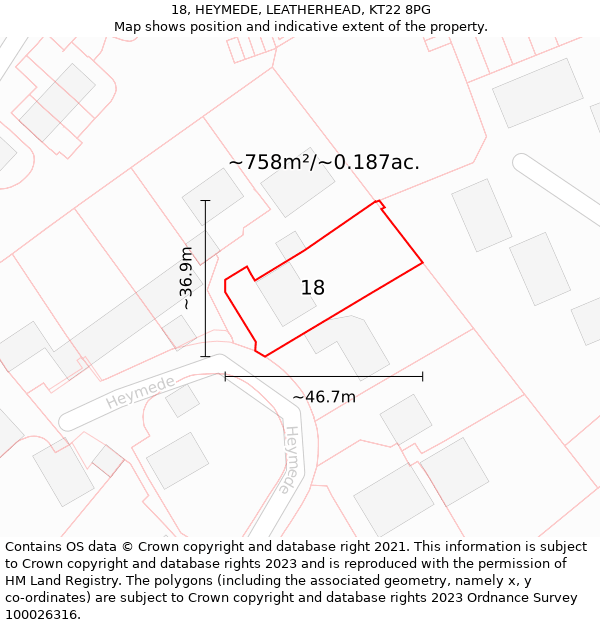 18, HEYMEDE, LEATHERHEAD, KT22 8PG: Plot and title map