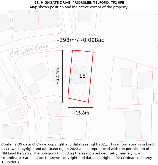 18, HIGHGATE DRIVE, PRIORSLEE, TELFORD, TF2 9FE: Plot and title map
