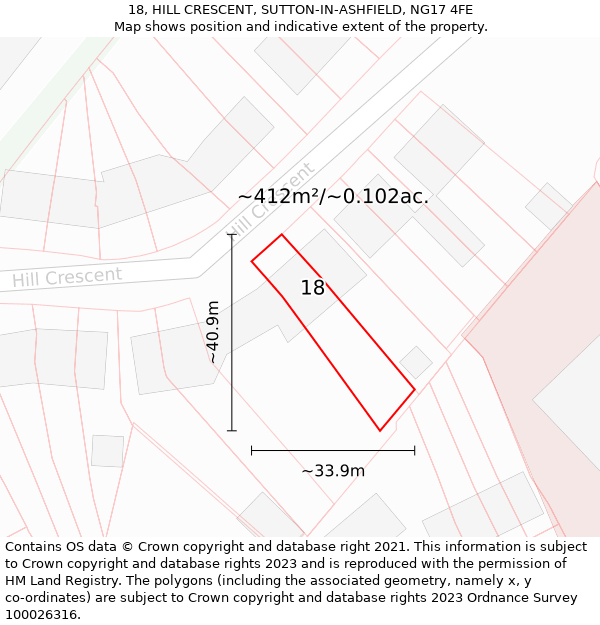 18, HILL CRESCENT, SUTTON-IN-ASHFIELD, NG17 4FE: Plot and title map