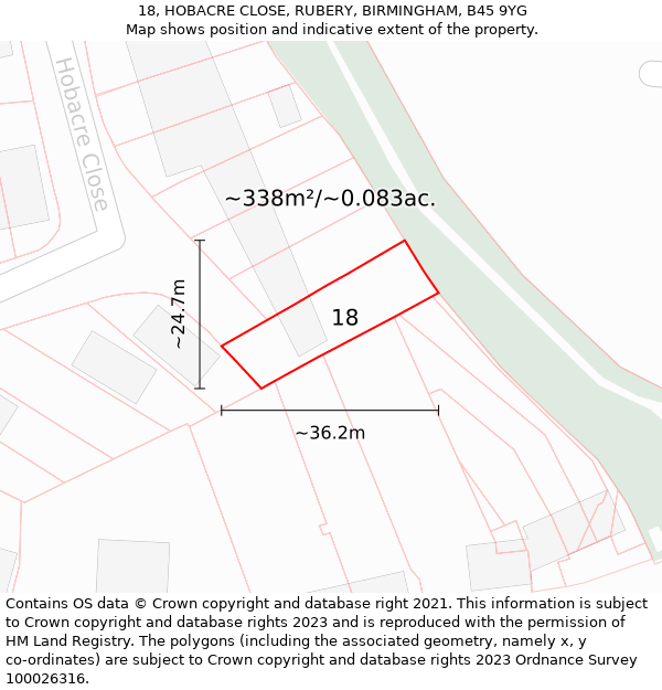 18, HOBACRE CLOSE, RUBERY, BIRMINGHAM, B45 9YG: Plot and title map