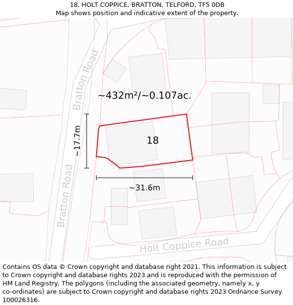 18, HOLT COPPICE, BRATTON, TELFORD, TF5 0DB: Plot and title map