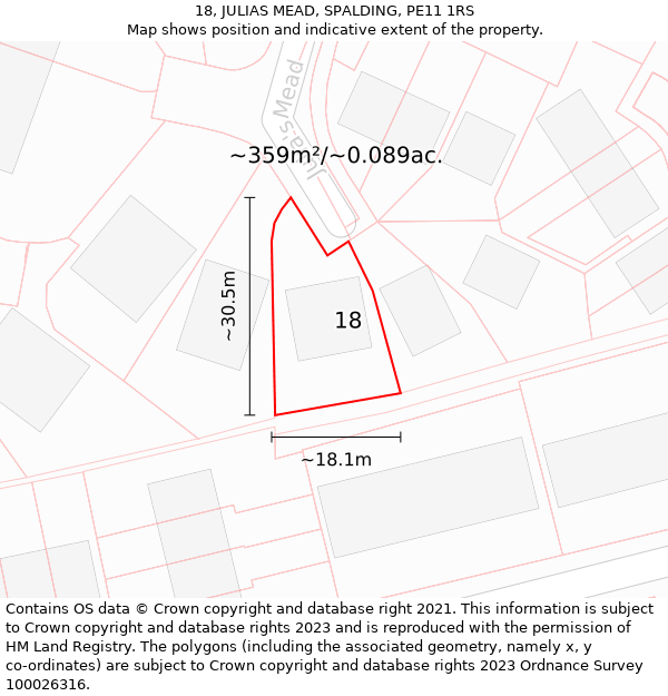 18, JULIAS MEAD, SPALDING, PE11 1RS: Plot and title map