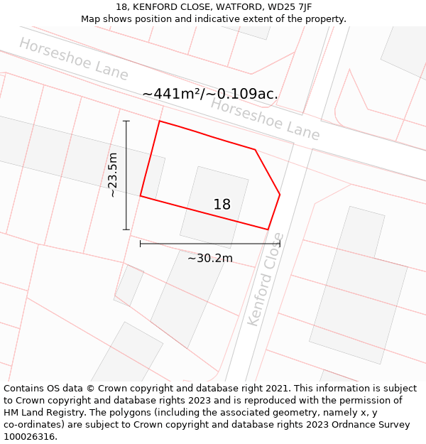 18, KENFORD CLOSE, WATFORD, WD25 7JF: Plot and title map