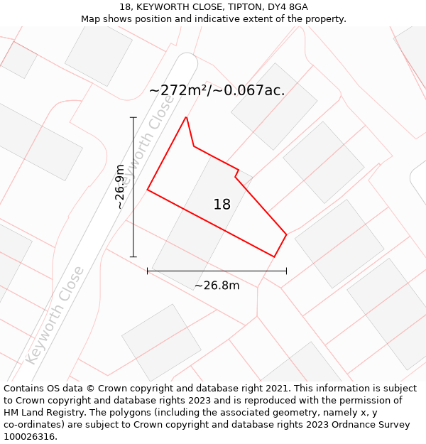 18, KEYWORTH CLOSE, TIPTON, DY4 8GA: Plot and title map