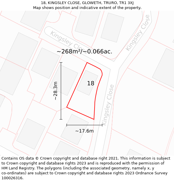 18, KINGSLEY CLOSE, GLOWETH, TRURO, TR1 3XJ: Plot and title map