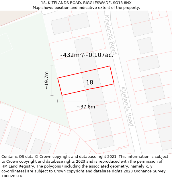 18, KITELANDS ROAD, BIGGLESWADE, SG18 8NX: Plot and title map