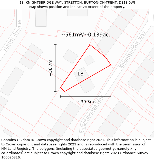 18, KNIGHTSBRIDGE WAY, STRETTON, BURTON-ON-TRENT, DE13 0WJ: Plot and title map