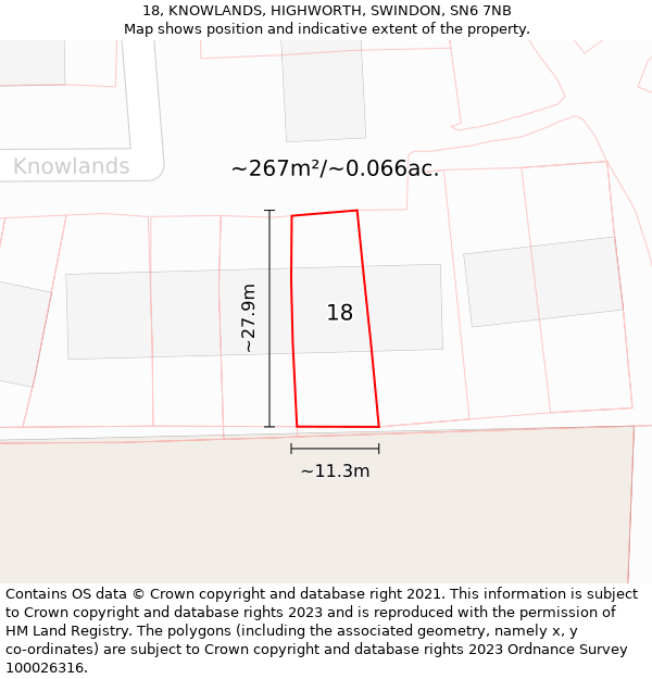 18, KNOWLANDS, HIGHWORTH, SWINDON, SN6 7NB: Plot and title map