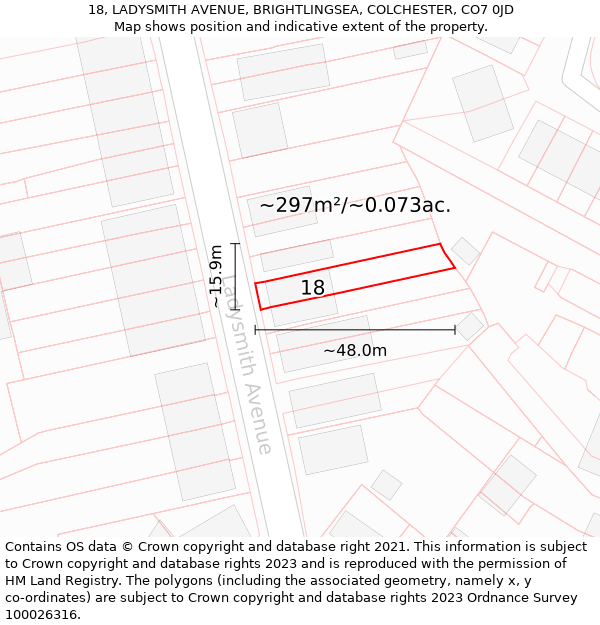 18, LADYSMITH AVENUE, BRIGHTLINGSEA, COLCHESTER, CO7 0JD: Plot and title map