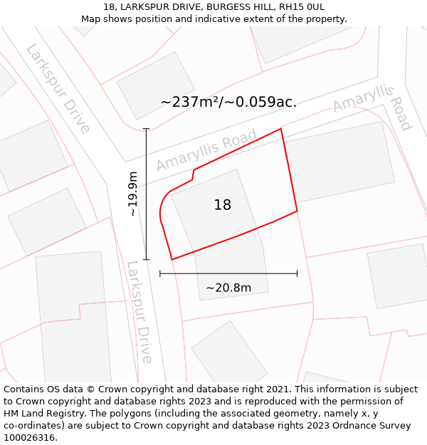 18, LARKSPUR DRIVE, BURGESS HILL, RH15 0UL: Plot and title map