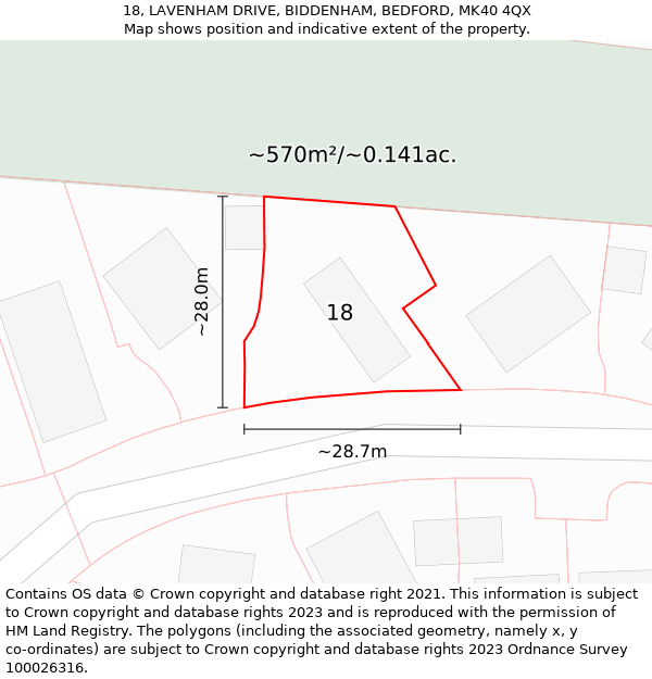 18, LAVENHAM DRIVE, BIDDENHAM, BEDFORD, MK40 4QX: Plot and title map