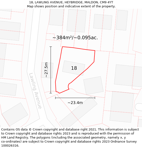 18, LAWLING AVENUE, HEYBRIDGE, MALDON, CM9 4YT: Plot and title map