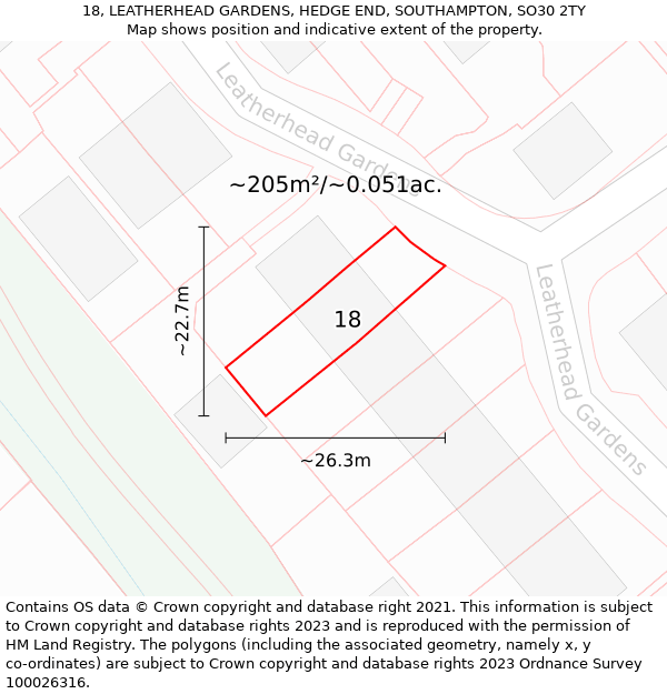 18, LEATHERHEAD GARDENS, HEDGE END, SOUTHAMPTON, SO30 2TY: Plot and title map