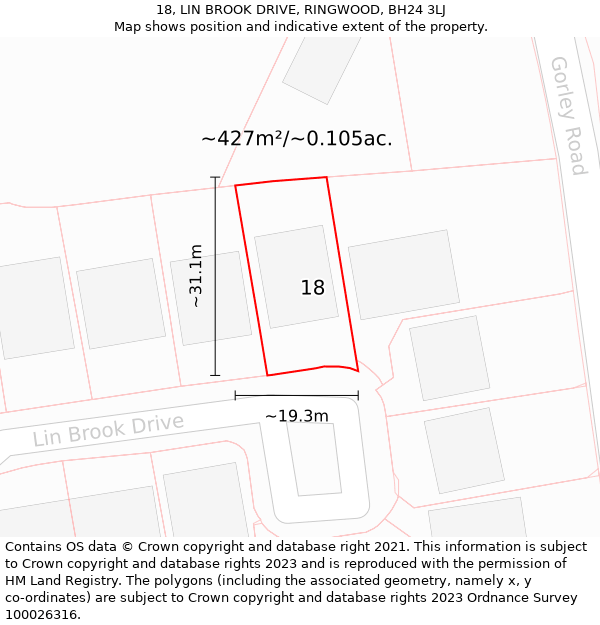 18, LIN BROOK DRIVE, RINGWOOD, BH24 3LJ: Plot and title map