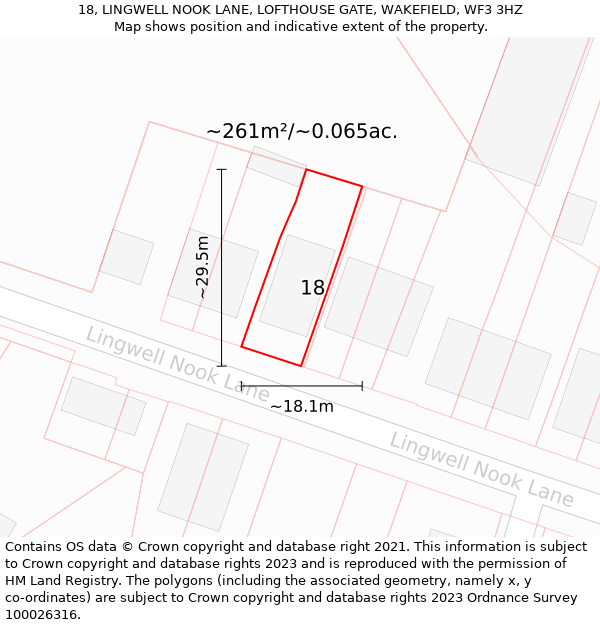 18, LINGWELL NOOK LANE, LOFTHOUSE GATE, WAKEFIELD, WF3 3HZ: Plot and title map