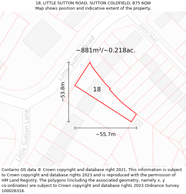 18, LITTLE SUTTON ROAD, SUTTON COLDFIELD, B75 6QW: Plot and title map