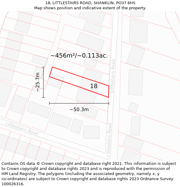 18, LITTLESTAIRS ROAD, SHANKLIN, PO37 6HS: Plot and title map