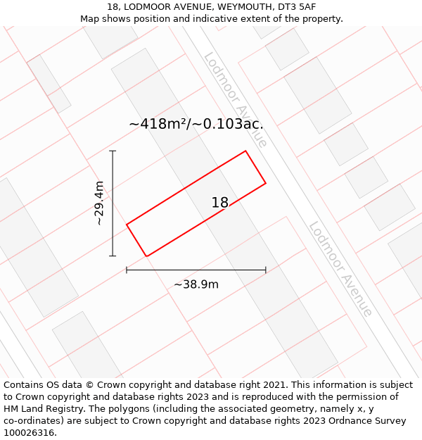 18, LODMOOR AVENUE, WEYMOUTH, DT3 5AF: Plot and title map