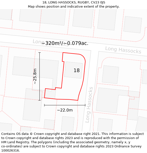 18, LONG HASSOCKS, RUGBY, CV23 0JS: Plot and title map