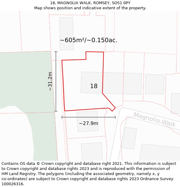 18, MAGNOLIA WALK, ROMSEY, SO51 0PY: Plot and title map