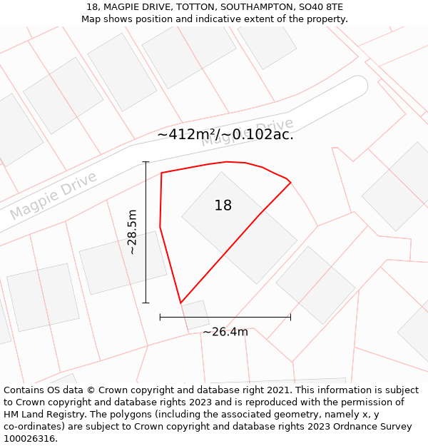 18, MAGPIE DRIVE, TOTTON, SOUTHAMPTON, SO40 8TE: Plot and title map