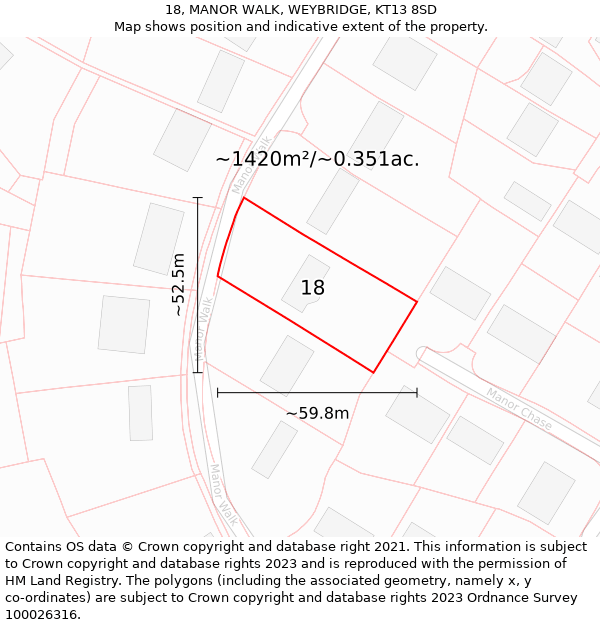 18, MANOR WALK, WEYBRIDGE, KT13 8SD: Plot and title map