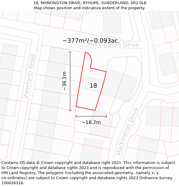 18, MARKINGTON DRIVE, RYHOPE, SUNDERLAND, SR2 0LB: Plot and title map