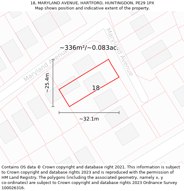 18, MARYLAND AVENUE, HARTFORD, HUNTINGDON, PE29 1PX: Plot and title map