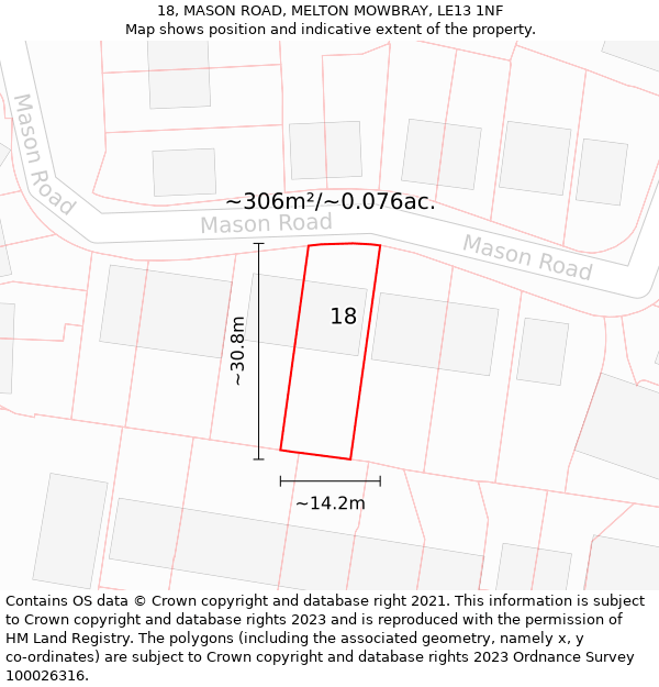 18, MASON ROAD, MELTON MOWBRAY, LE13 1NF: Plot and title map