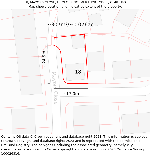 18, MAYORS CLOSE, HEOLGERRIG, MERTHYR TYDFIL, CF48 1BQ: Plot and title map