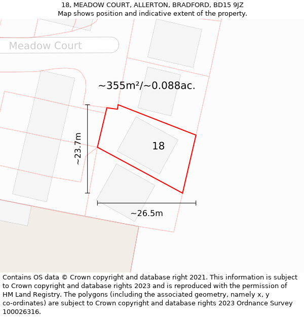 18, MEADOW COURT, ALLERTON, BRADFORD, BD15 9JZ: Plot and title map