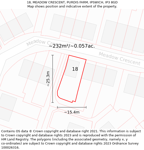 18, MEADOW CRESCENT, PURDIS FARM, IPSWICH, IP3 8GD: Plot and title map