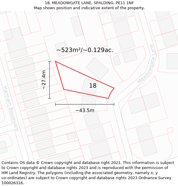 18, MEADOWGATE LANE, SPALDING, PE11 1NF: Plot and title map