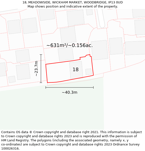 18, MEADOWSIDE, WICKHAM MARKET, WOODBRIDGE, IP13 0UD: Plot and title map