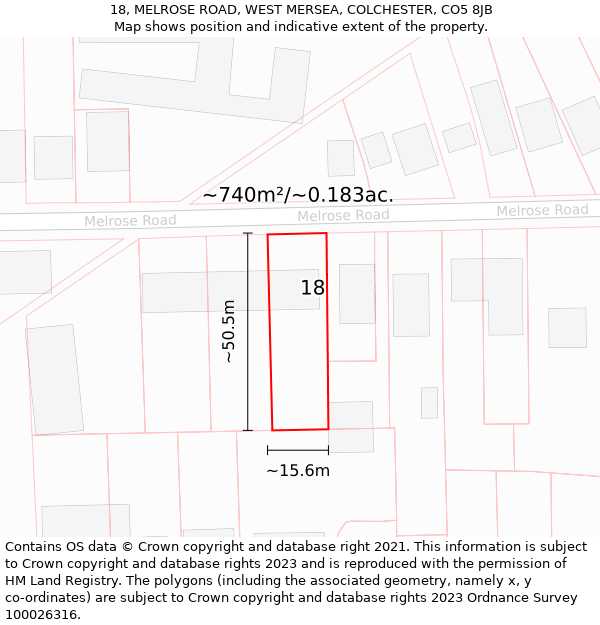 18, MELROSE ROAD, WEST MERSEA, COLCHESTER, CO5 8JB: Plot and title map