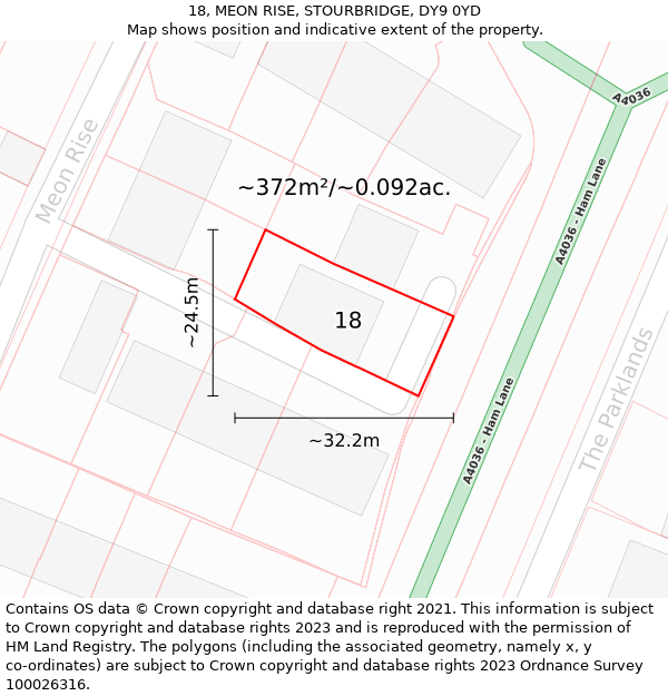 18, MEON RISE, STOURBRIDGE, DY9 0YD: Plot and title map