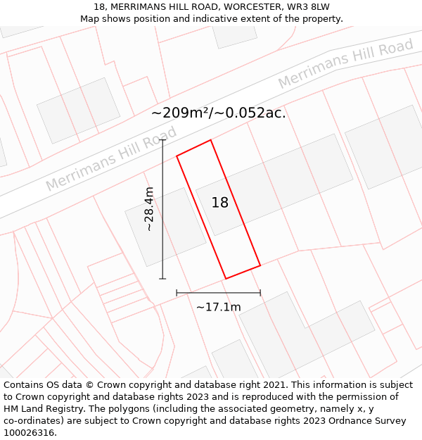18, MERRIMANS HILL ROAD, WORCESTER, WR3 8LW: Plot and title map